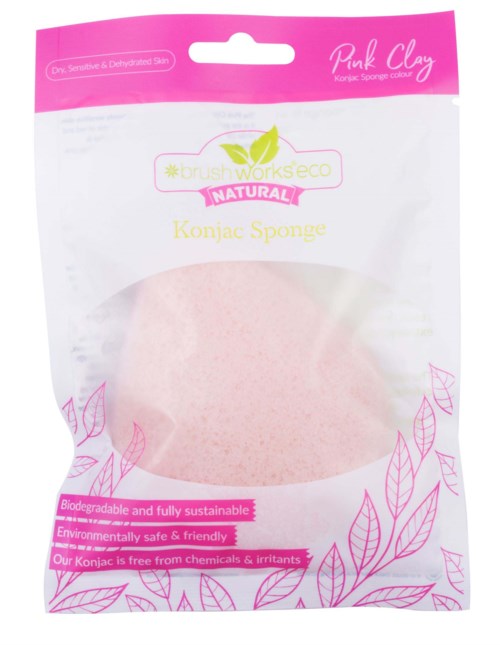 Pink leirekonsvamp i klart emballasje med rosa bladdesign og produktinformasjon.