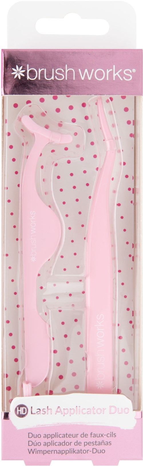 A pink eyelash applicator duo with two tools in a pink box, branded 'brush works,' for applying false eyelashes.