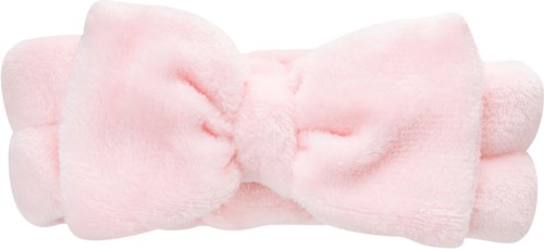 En myk rosa fluffy hodebånd med stor sløyfe, laget for hår- eller skjønnhetsbruk.