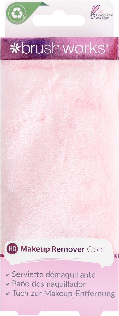 Pink fluffy cloth for removing makeup. Packaging shows brand 'brush works' and indicates it is eco-friendly.