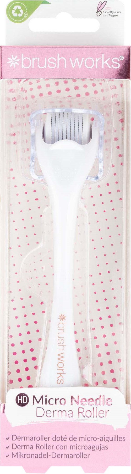 Valkoinen kasvotrilleri, jossa on teksturoitu rullakappale ja lempeä kahva, nimeltään Micro Needle Derma Roller.