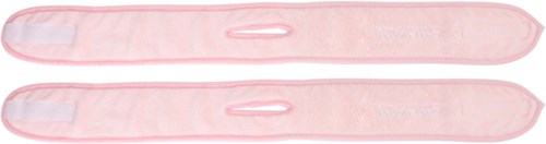 Två rosa hudplåster, troligen för medicinska ändamål, med en mittöppning och runda ändar.