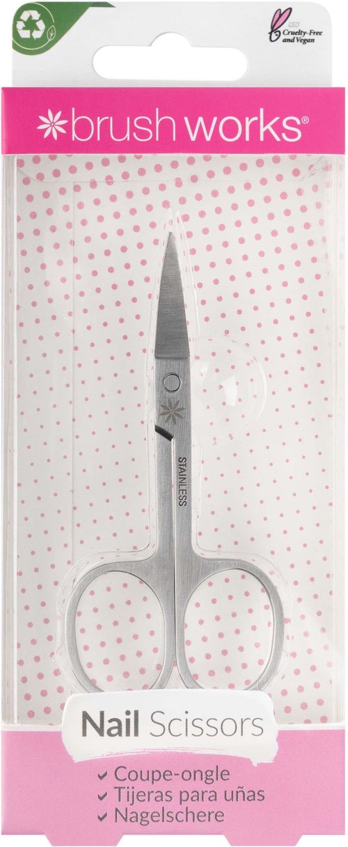 Kleine zilveren nagelscharen met ronde handvatten in roze en witte verpakking.
