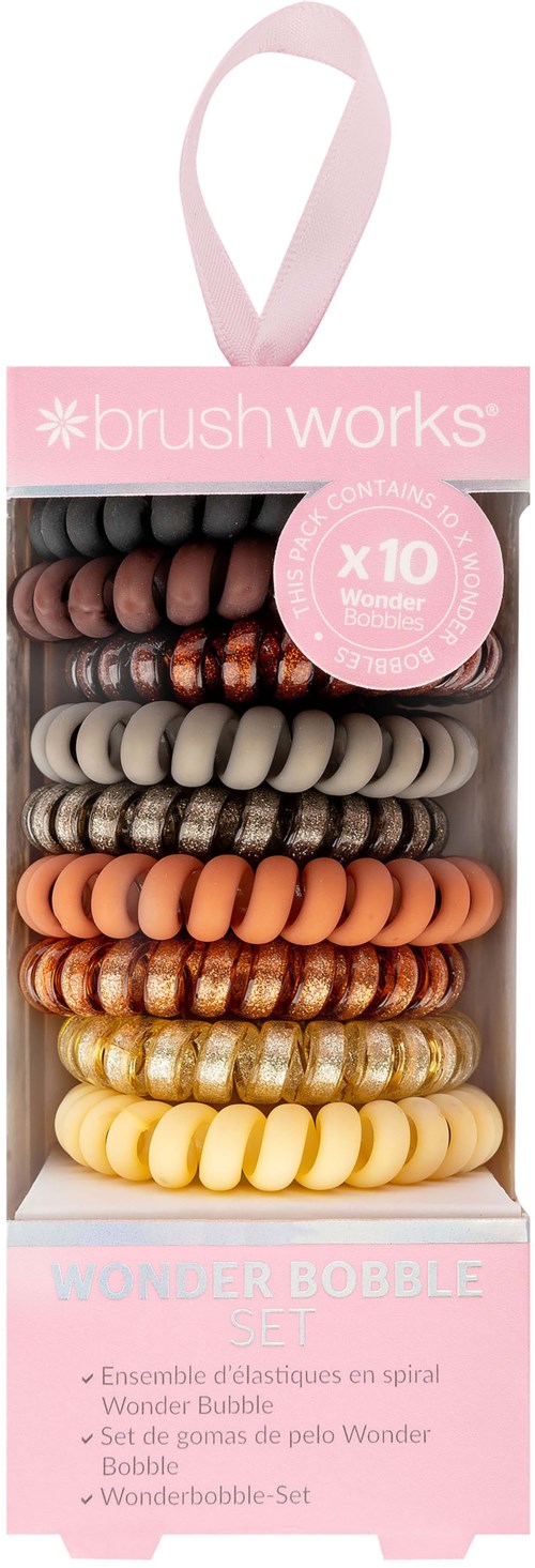 Färgglada hårlockar i en rosa låda, märkt 'Brush Works Wonder Bobble Set,' med tio olika sorter.