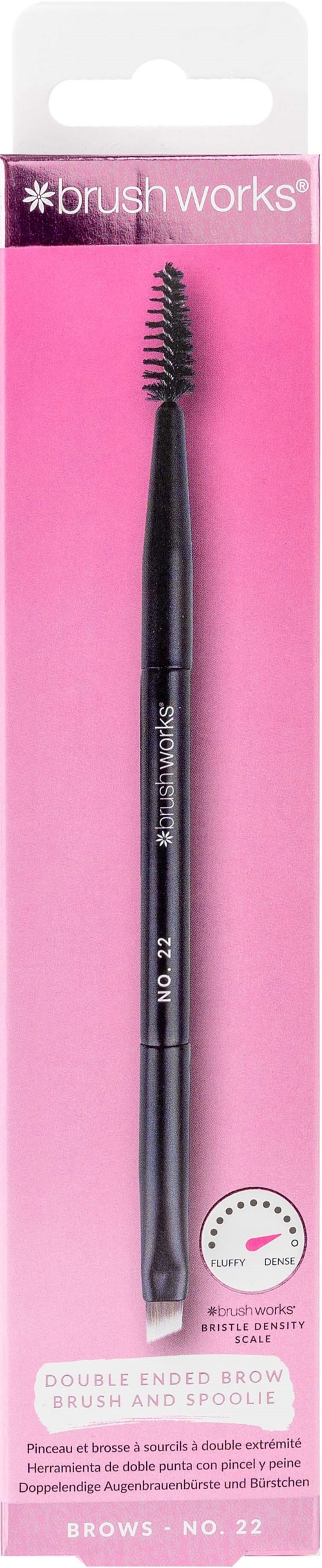 En svart øyenbryn-børste med en spiralende ende, i rosa emballasje merket 'Brush Works', laget for brynpleie.