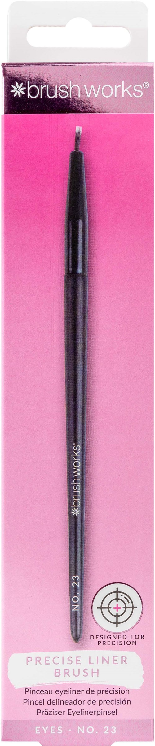 A black eyebrow pencil in pink packaging from Brush Works, labeled as a precise eyeliner brush.