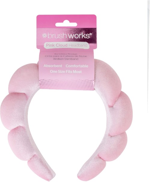 A pink cloud-shaped headband with plush, rounded sections. It has a label that says 'brush works' and 'Pink Cloud Headband.'