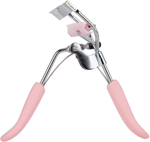 En metallklämmare med rosa handtag och inbyggd nagelfil. Liten, glänsande och avsedd för att klippa naglar.