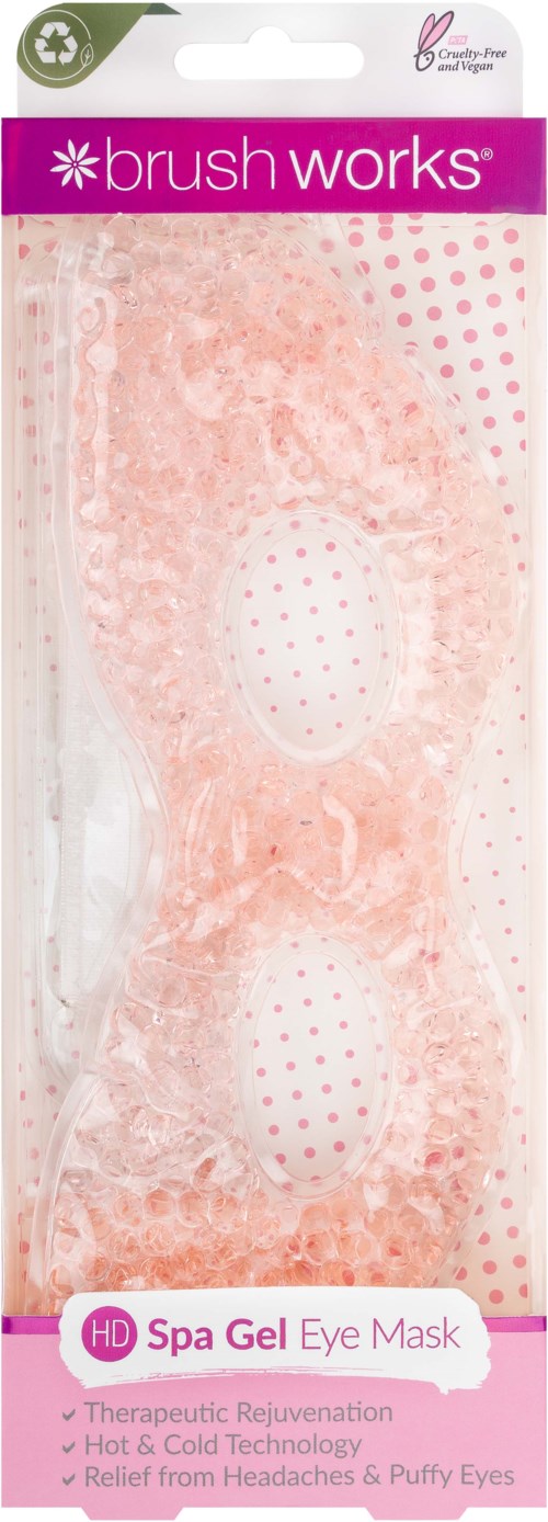 Förpackningen visar en rosa och vit ögonmask med gel inuti, märkt 'Spa Gel Eye Mask' för avkoppling och läkning.