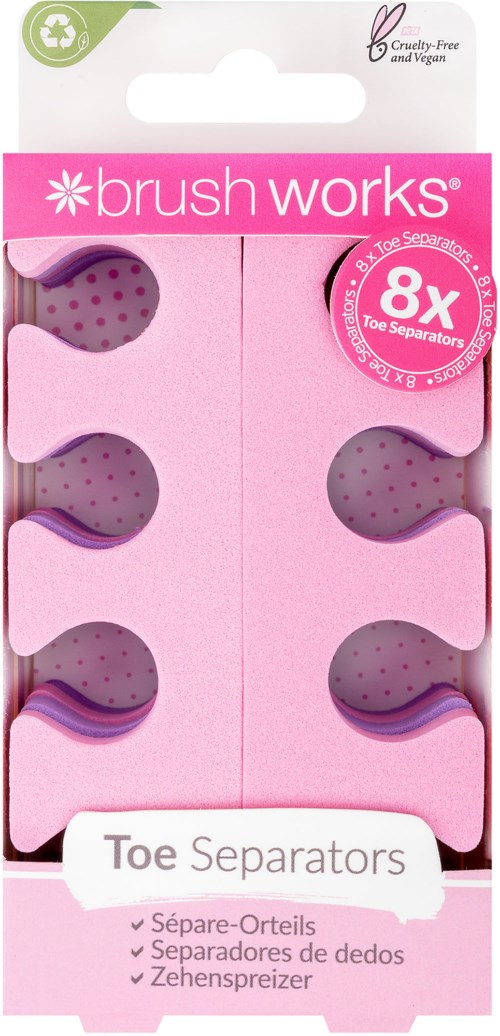 Pink emballage med otte sæt tåadskillere, der holder tæerne adskilt.
