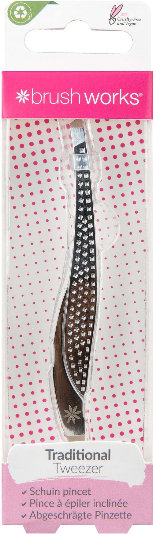 Eine schwarz-weiße Pinzette mit Punktmuster in Verpackung mit Aufschrift 'brush works' und 'Traditional Tweezer'.