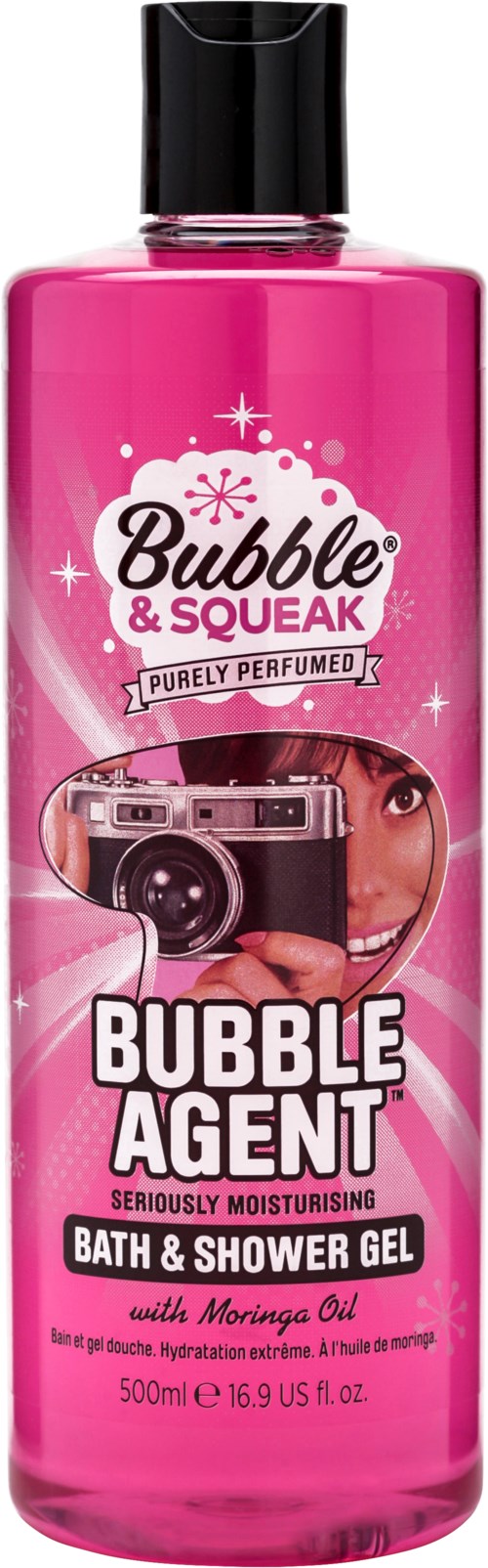 Rosa flaska med en kamera, leende flicka och bubblor. Etiketten säger "Bubble Agent" bad- och duschgel med moringaoil.