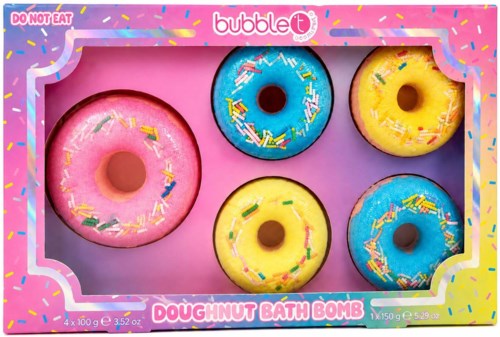 Sæt med seks donut-formede badebomber i pink, blå og gul med farverige krymmel i en pink æske.