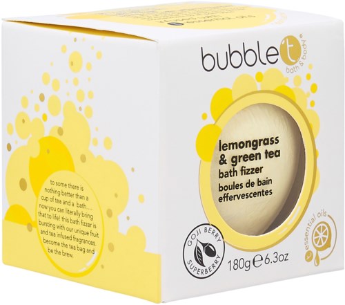 Badbombe med doft av citrongräs och grönt te, i en box med gula bubblor.