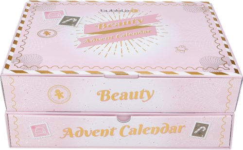 En rosa låda märkt 'Beauty Advent Calendar' med olika små dekorativa ikoner och text.