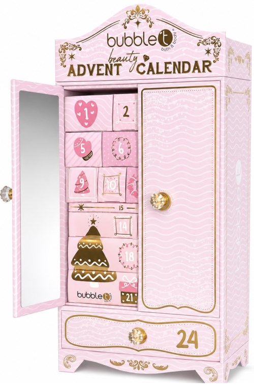 Lyserød adventskalender med numrerede låger, et spejl og en julegransillustration på den nederste låge.