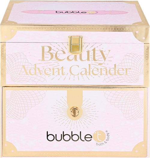En rosa och beige skönhetskalender med guldlås, visar märkena 'bubble' och 'bubble t'.