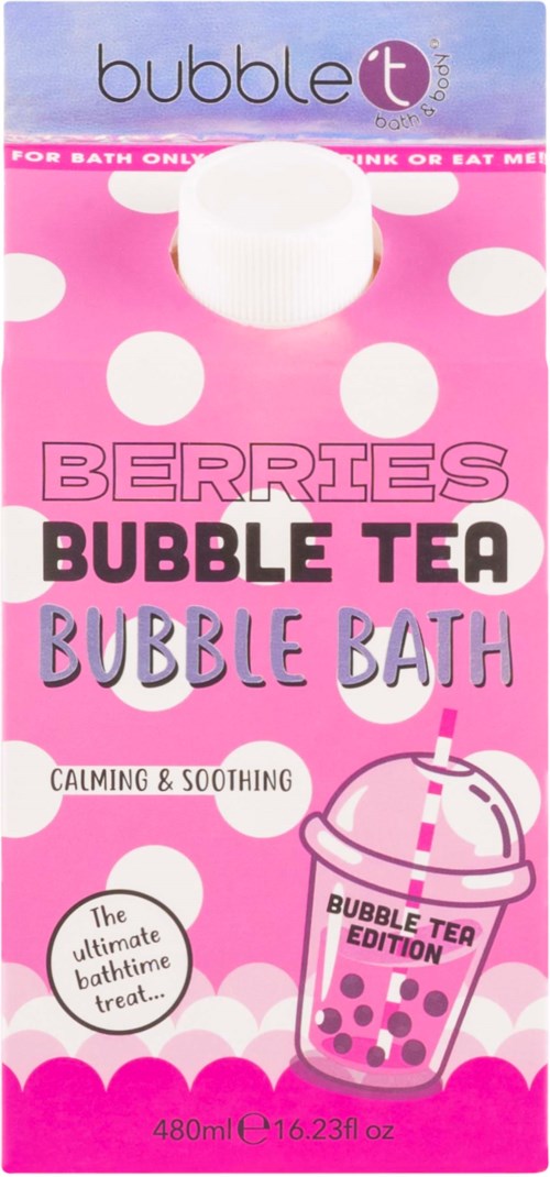 Pink packaging with white polka dots, a bubble tea drink illustration, and text about berry-flavored bubble bath.