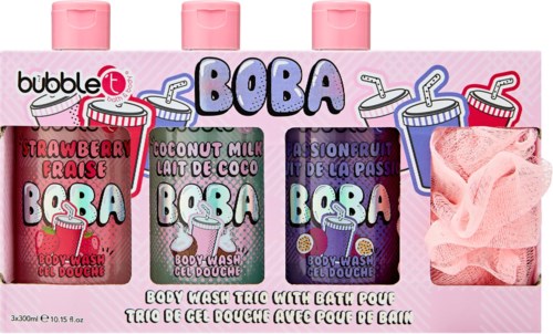 Set of three bubble bath bottles with different scents, plus a pink bath loofah sponge.