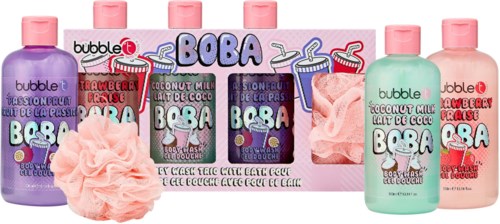 A collection of bath products with pink, purple, and green bottles, pink bath sponge, and a box with colorful labels.