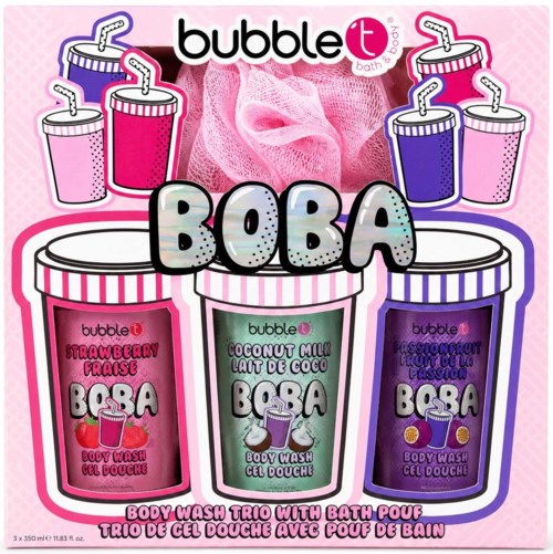 Illustration af tre Bubble Boba kropsvaske i pink, grøn og lilla med matchende drikkebilleder og badeklude.