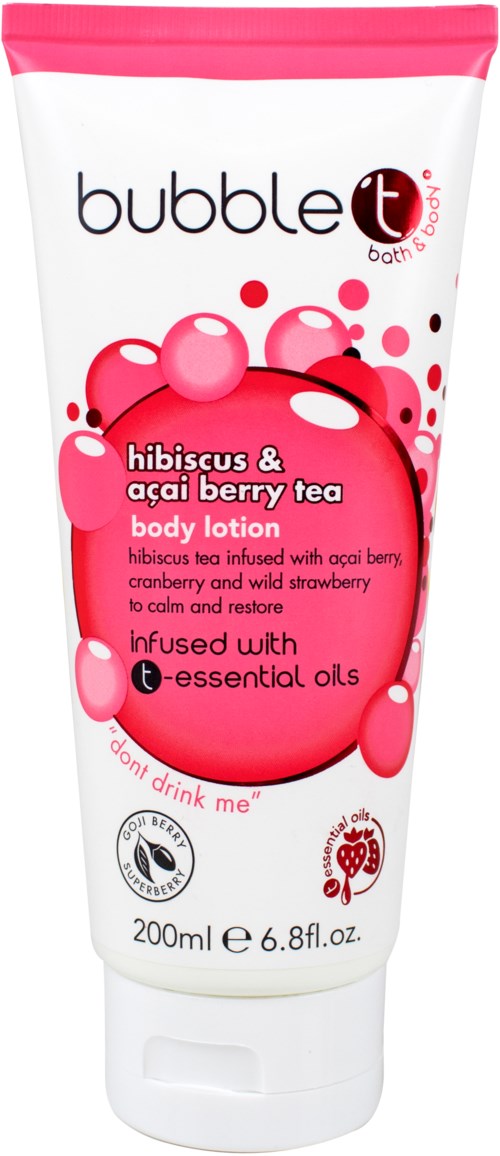 En vit och rosa kroppslotionrör märkt 'bubble t' med smak av hibiskus och acai-bär, 200 ml.