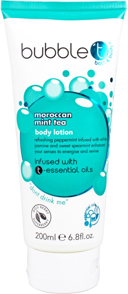 En vit tub med kroppslotion med blå och svart text, med Moroccan mint teen doft och eteriska oljor, 200 ml.