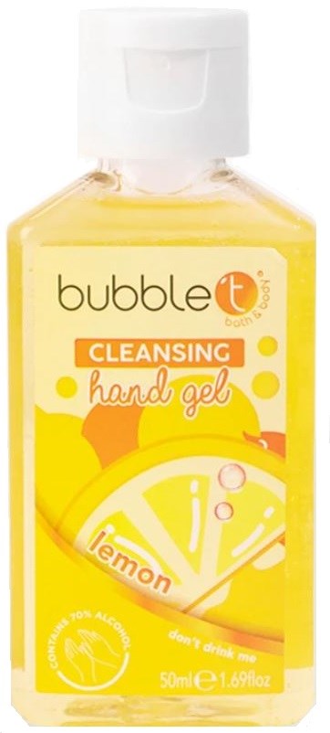 En liten plastflaska med lemondoftande handsprit, vit kork och gul etikett med citron och bubblor.