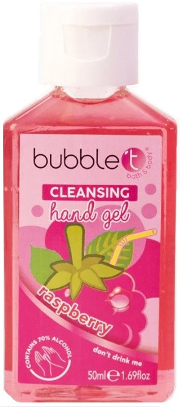 En liten rosa flaska med Bubble T rengörande handgel med hallonsmak och 10% alkoholhalt.