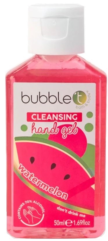 En liten rosa flaske med Bubble T rensende håndgel med vannmelon duft og 70 % alkoholinnhold.
