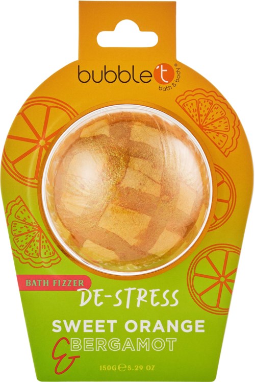 A bath bomb with sweet orange and bergamot scent, in orange and green packaging with citrus fruit illustrations.