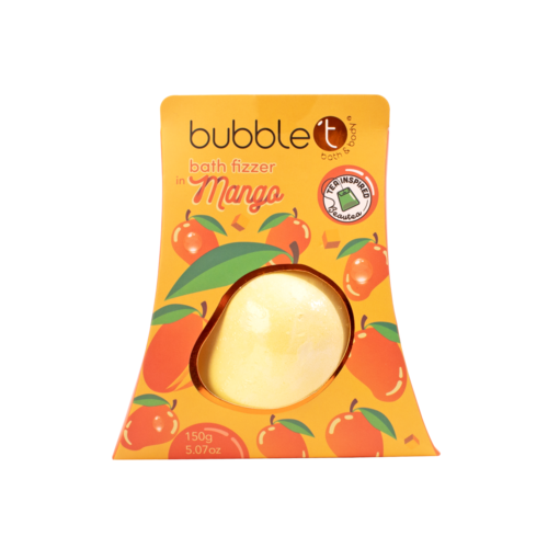 En badskumbubbla-förpackning med orange och grönt design, formad som en persika, och ordet 'Mango'.