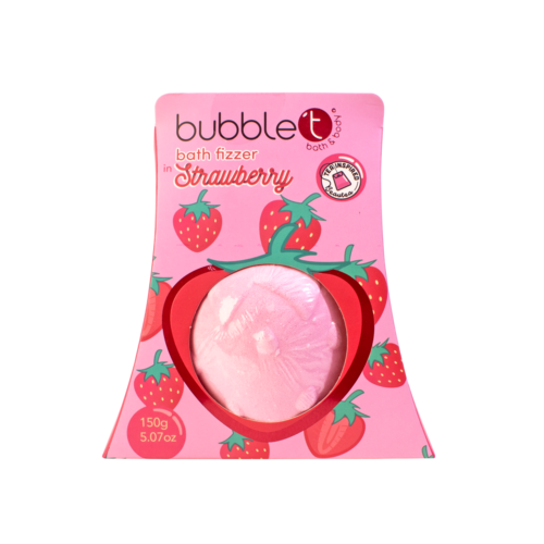 Pink förpackning med jordgubbar, visar ett badkulor kallat 'bubblet' med jordgubbssmak.