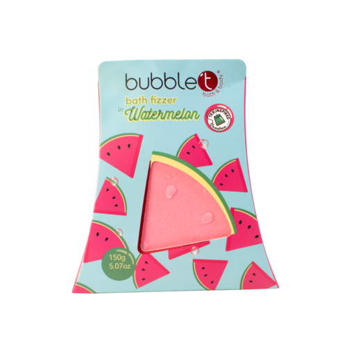 Ett rosa vattenmelonformad badskum med vattenmelonmotiv på förpackningen.