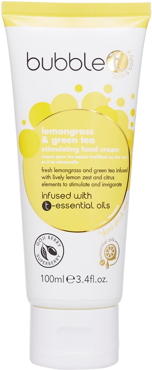 En vit tub med handkräm med gul och svart text, kallad Bubble, med citron och grönt te.