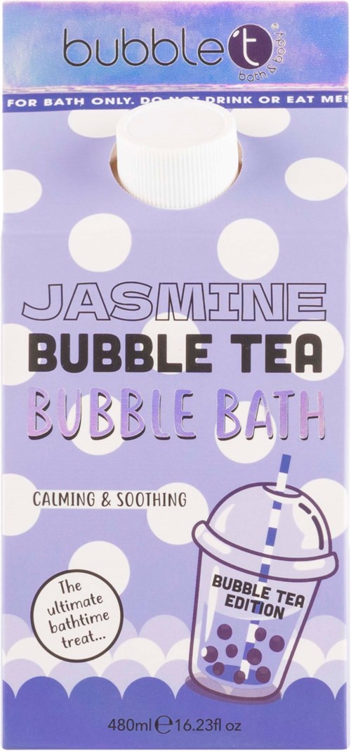 A purple bubble bath bottle with a white cap, labeled 'Jasmine Bubble Tea Bubble Bath' and a bubble tea illustration.