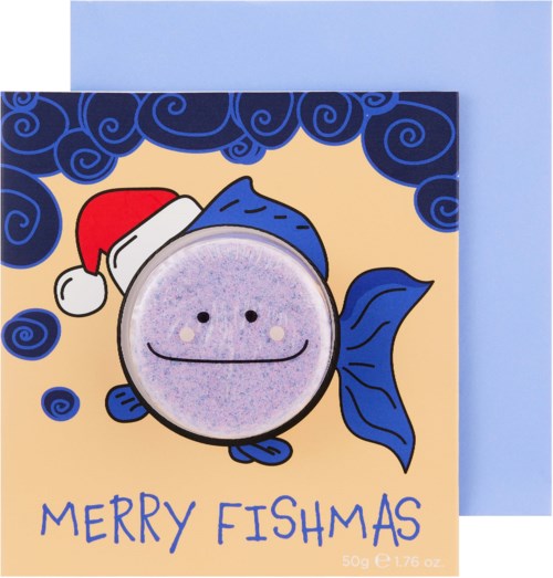 A cartoon fish wears a Santa hat and smiles, with festive blue clouds and waves, and a message saying 'MERRY FISHMAS'.
