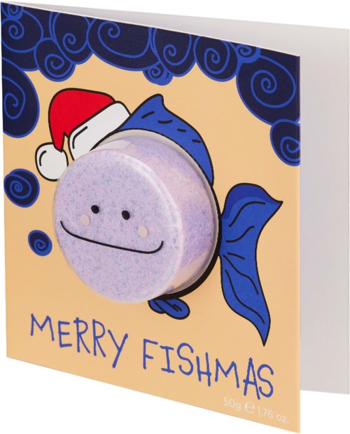 A cartoon fish wearing a Santa hat, with a round bath bomb as its body, on a festive card saying 'Merry Fishmas.'