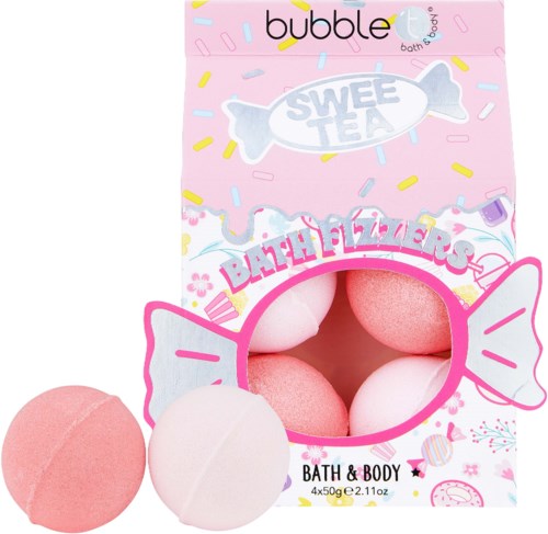 A pink package of bath bombs with white and pink balls inside, labelled as SweeTee Bubble Bath & Body.
