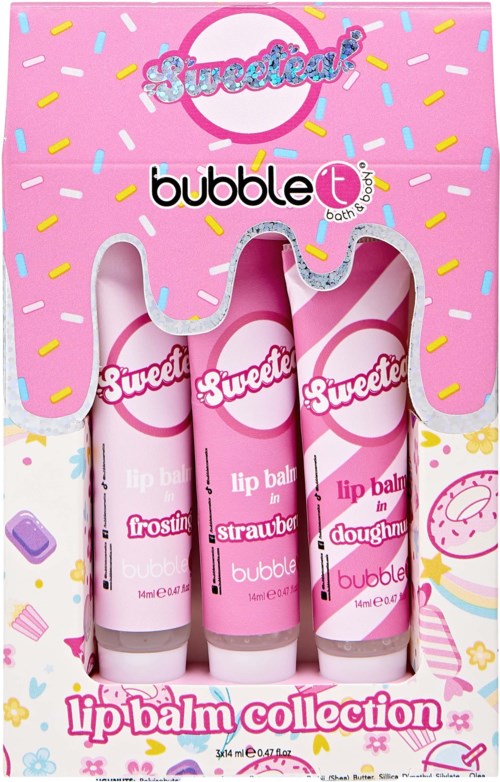 En box med tre rosa läppbalsam märkt 'Sweetet' i en söt samling. Ljusst design med färgglada strössel och roliga grafik.