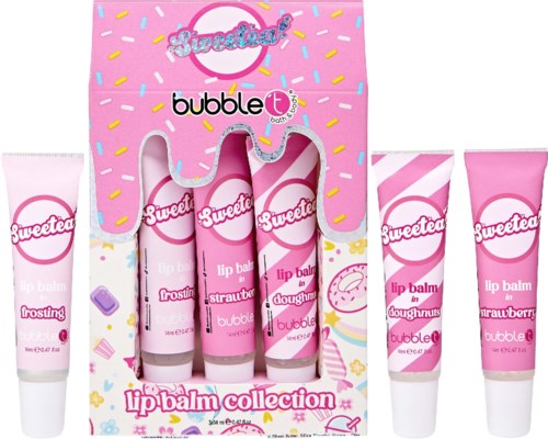 Ett rosa set med fyra läppbalsam i färgglad förpackning med strössel, kallad 'Lip Balm Collection' av Sweetet.