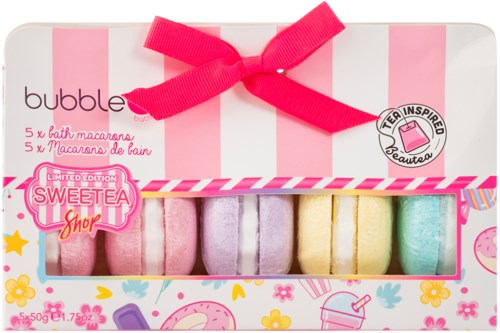 Färggranna badbomber i låda med rosa band och roliga dekorationer.