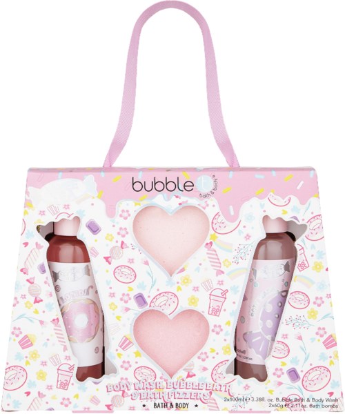 Colorful bubble bath set with two bottles and cute packaging featuring hearts and fun designs.