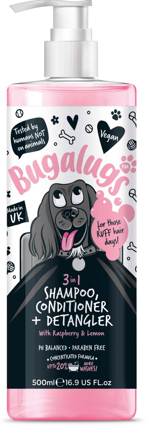 En rosa flaske med pumpe inneholder Bugalugs 3-i-1 sjampo, balsam og avfukter for valper. Den viser en tegnet hund.