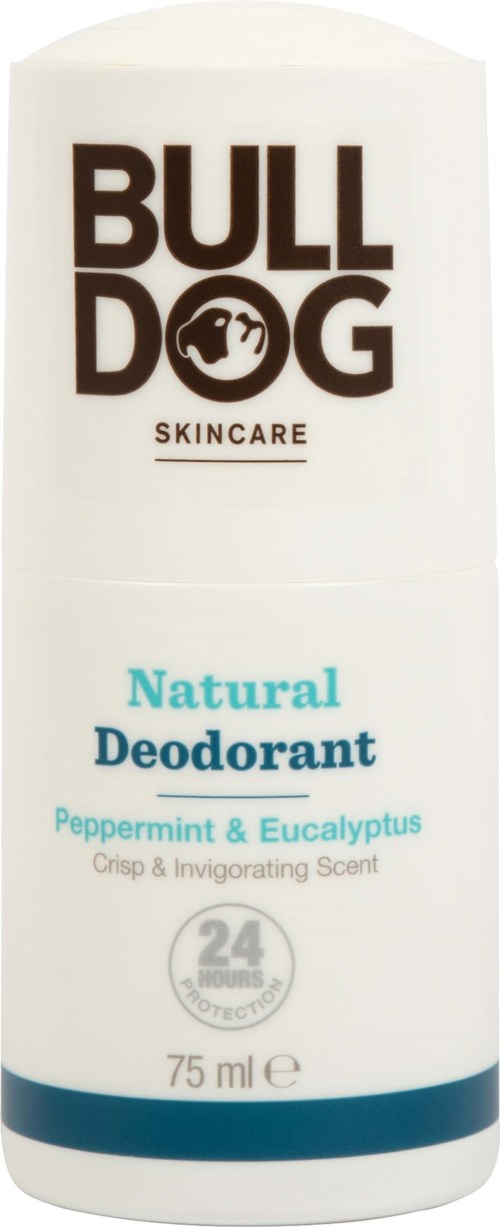En hvid deodorantstift mærket 'Bull Dog Skincare' med blå og sort tekst for naturlig duft. 75 ml.