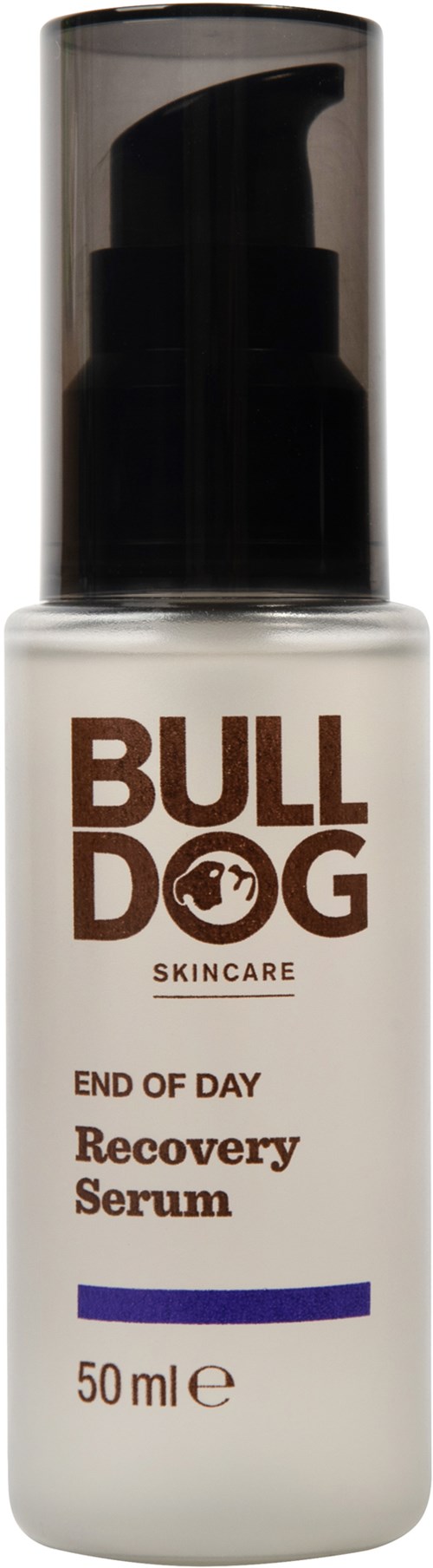 En vit flaska med svart pump, märkt 'Bull Dog Skincare End of Day Recovery Serum,' 50 ml.