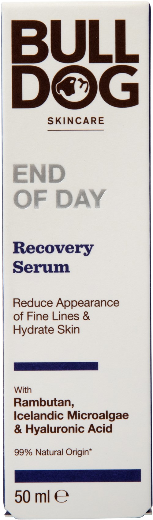 Ett hudvårdsprodukt i förpackning kallad 'BULLDOG'. Den heter 'End of Day Recovery Serum' med ingredienser som Rambutan och isländsk mikroalger.