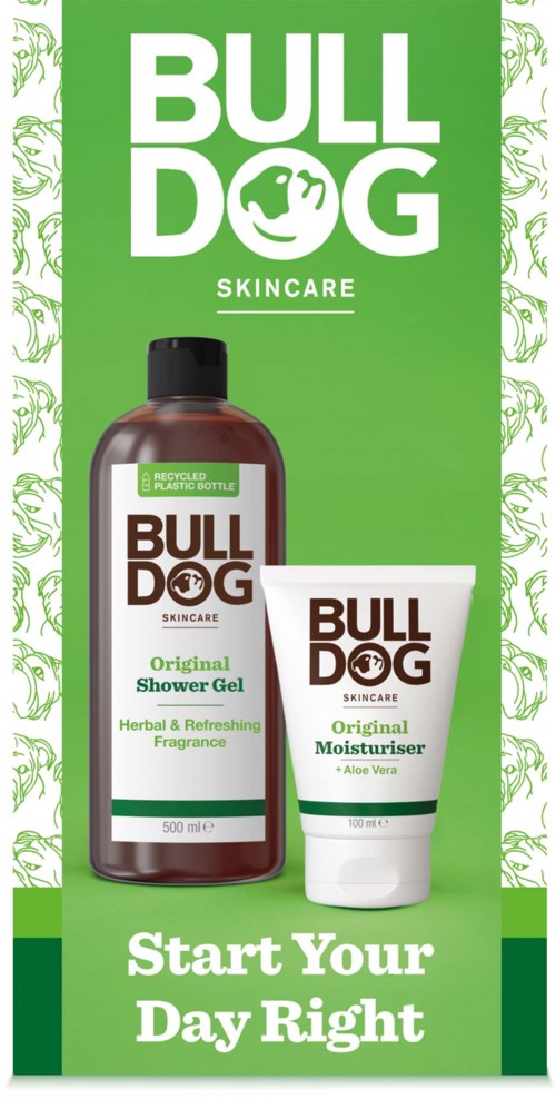 BULL DOG hudvårdsreklam med duschgel och fuktighetskräm på en grön bakgrund, med slogan Start Your Day Right.