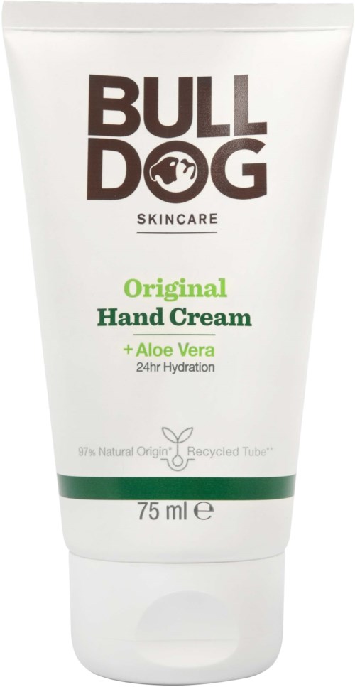En vit tub med Bulldog hudvårds handkräm med grönt och svart text, med aloe vera för fukt.