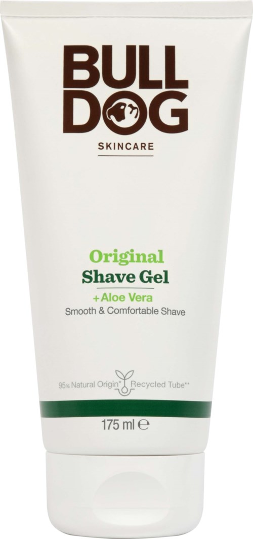 Bull Dog huidverzorgingstube met groene en bruine tekst, voor scheerbeurt met Aloe Vera, 175 ml.